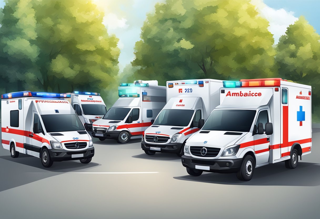 Various types of ambulances and support offered, with a number of ambulances present