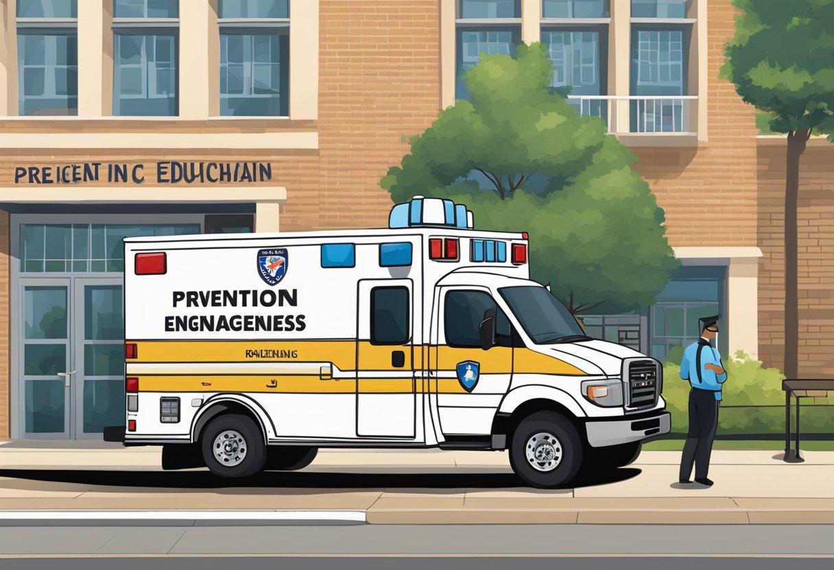 An ambulance parked outside a school with a banner reading "Prevention and Education in Emergencies" displayed
