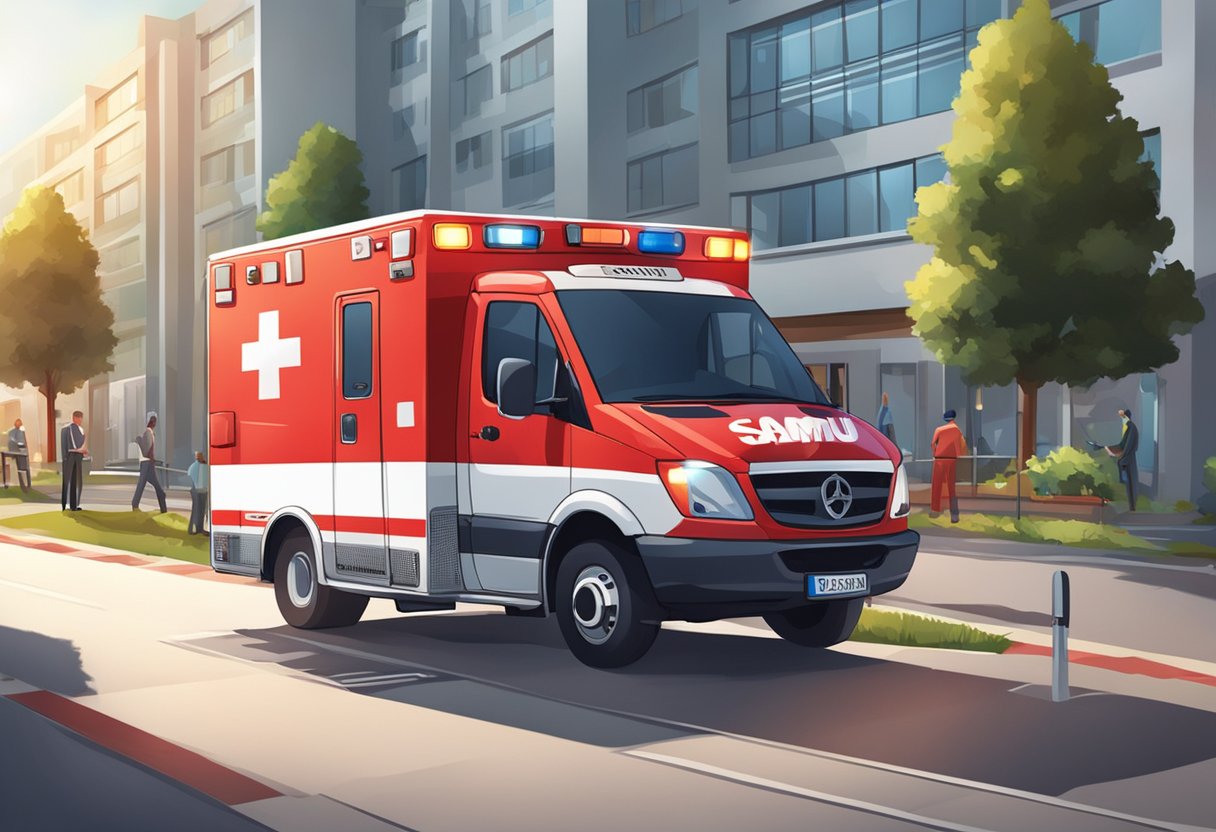 A red and white ambulance with "SAMU" written on the side, parked outside a hospital with flashing lights and paramedics attending to a patient on a stretcher