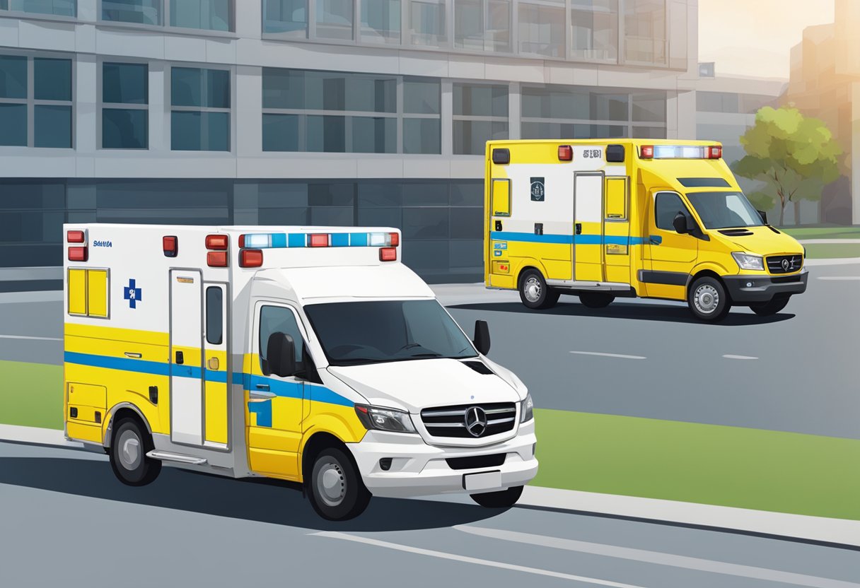 A SAMU ambulance and a private ambulance parked side by side, their numbers clearly displayed on the vehicles