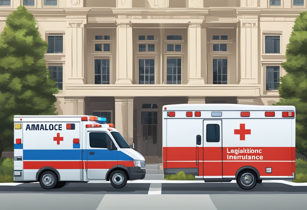 An ambulance parked outside a government building, with a sign displaying "Legislation and Regulation Number Ambulance" on the door