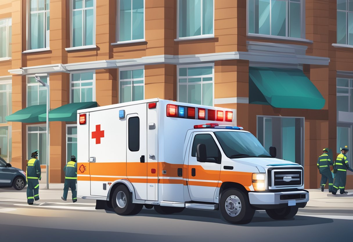 Emergency Management and Ambulance Response Time scene: Ambulance parked outside a building with flashing lights and paramedics rushing with medical equipment