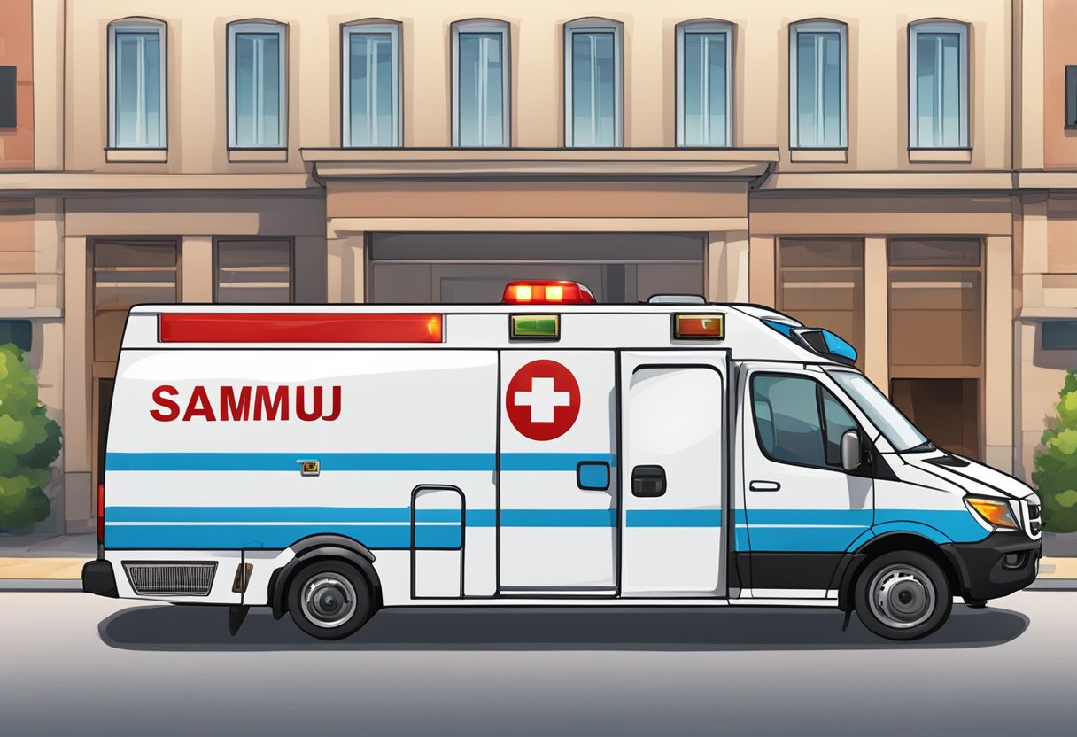 Número Ambulância: Como Ligar em Caso de Emergência 1 A red and white ambulance with "SAMU" written on the side, parked outside a building with emergency lights flashing