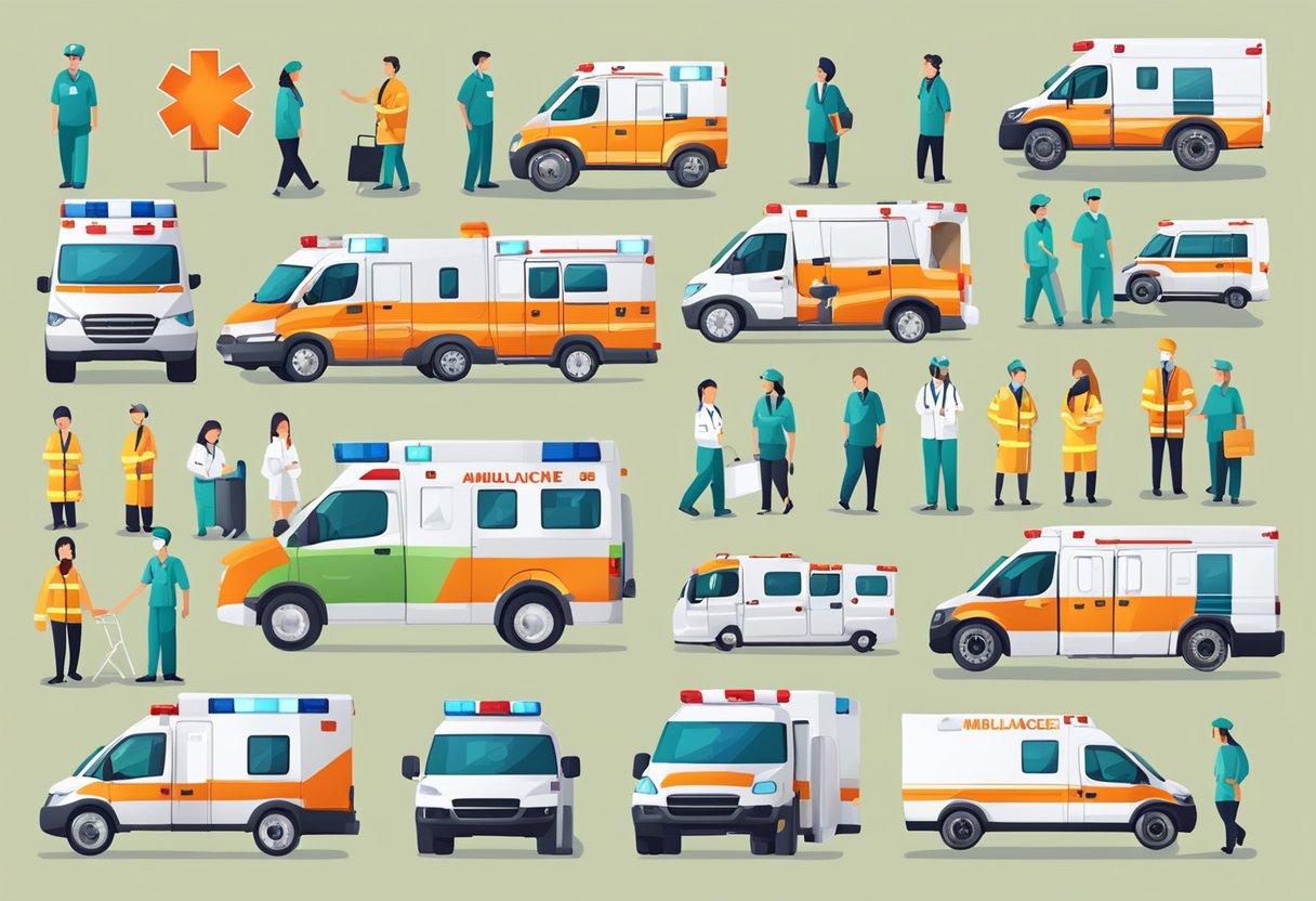 Número Ambulância: Como Ligar em Caso de Emergência 4 Various ambulance types and numbers, with medical staff providing care