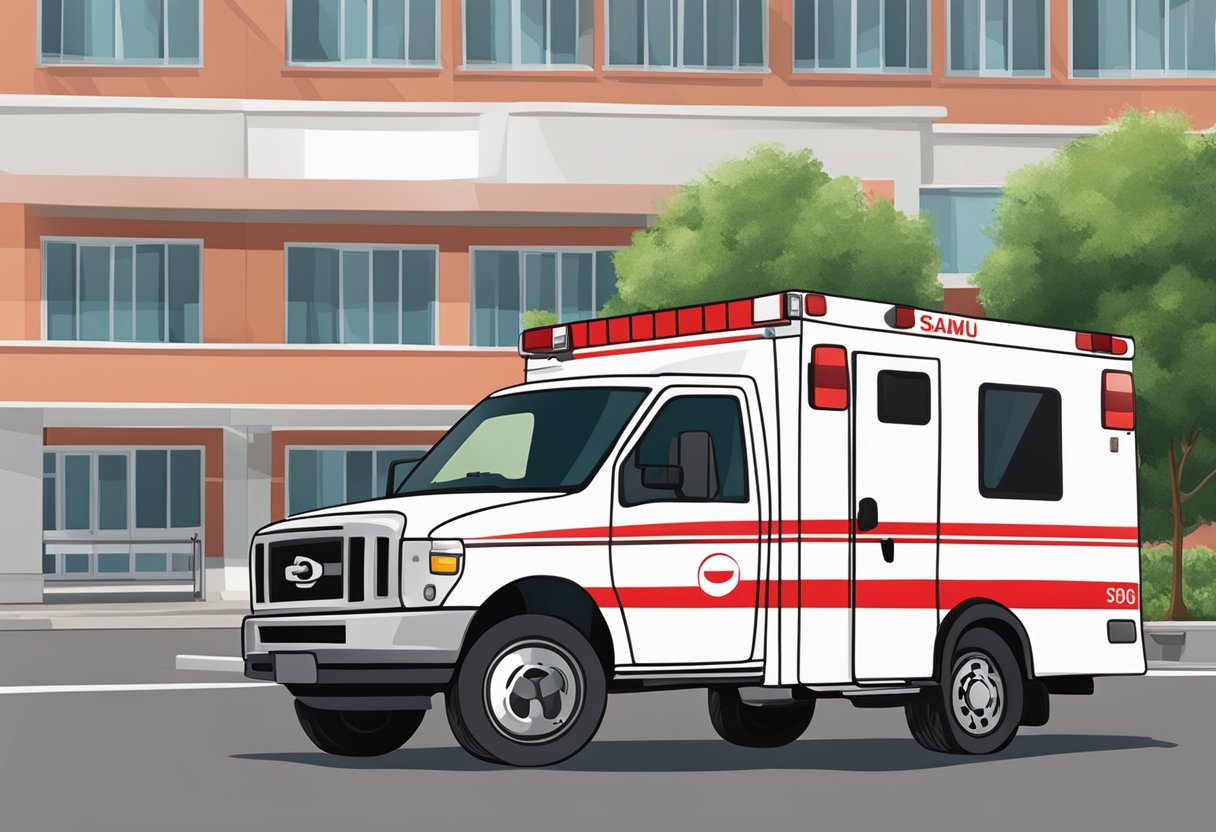 Número Ambulância: Como Ligar em Caso de Emergência 6 A red and white ambulance parked outside a hospital, with the SAMU logo clearly displayed on the side