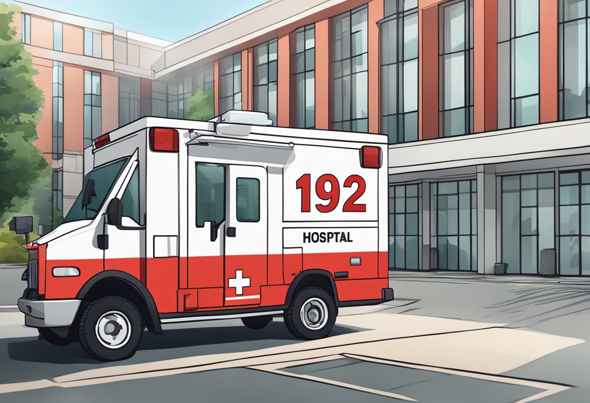 A red and white ambulance parked outside a hospital with "192" written in bold on the side