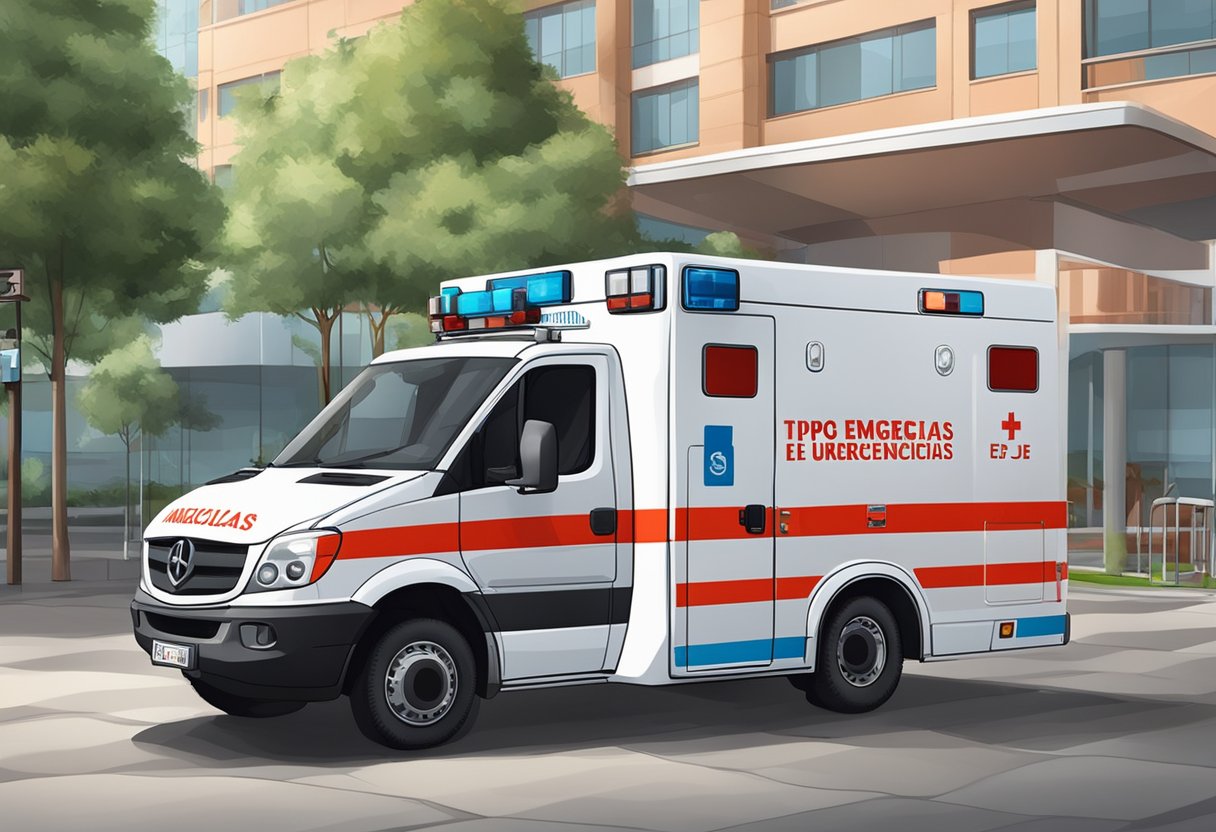 A red and white ambulance parked outside a hospital with "Tipos de Emergências e Urgências Médicas" written on a sign. The number for the ambulance is displayed prominently