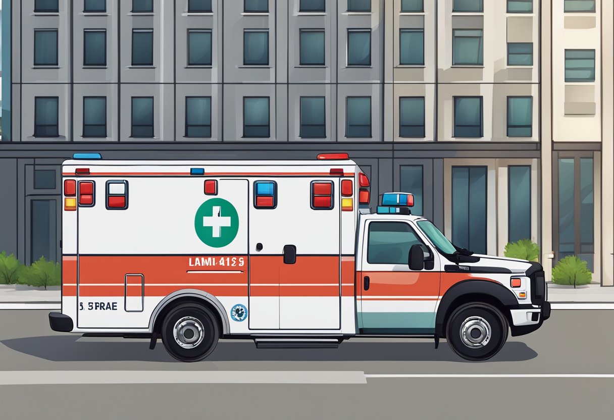 An ambulance with its emergency lights flashing, parked outside a building, with the number clearly displayed on the side