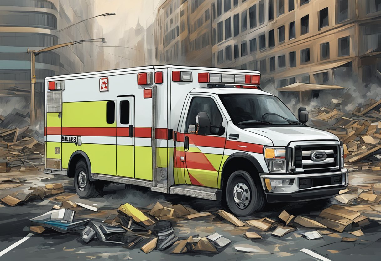 A special emergency response vehicle with "Ambulance" written on the side, surrounded by a chaotic disaster scene