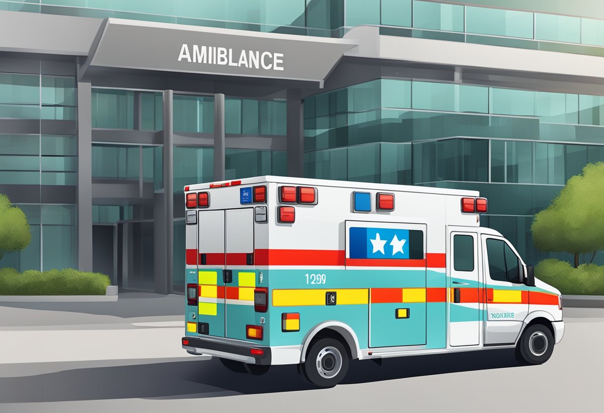 An ambulance parked outside a hospital, with the emergency service number clearly displayed on the side of the vehicle