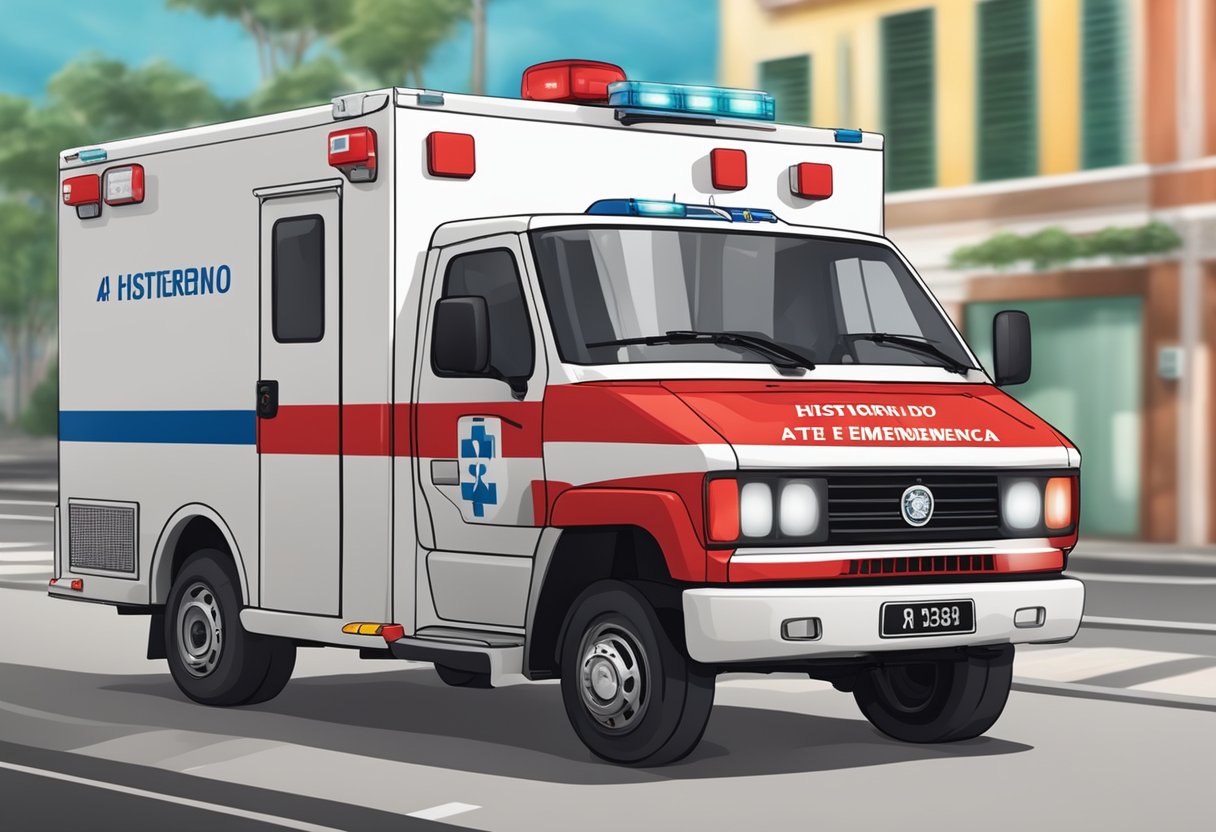A red and white ambulance with "História do Atendimento de Emergência no Brasil" written on the side, and the number for emergency services displayed prominently