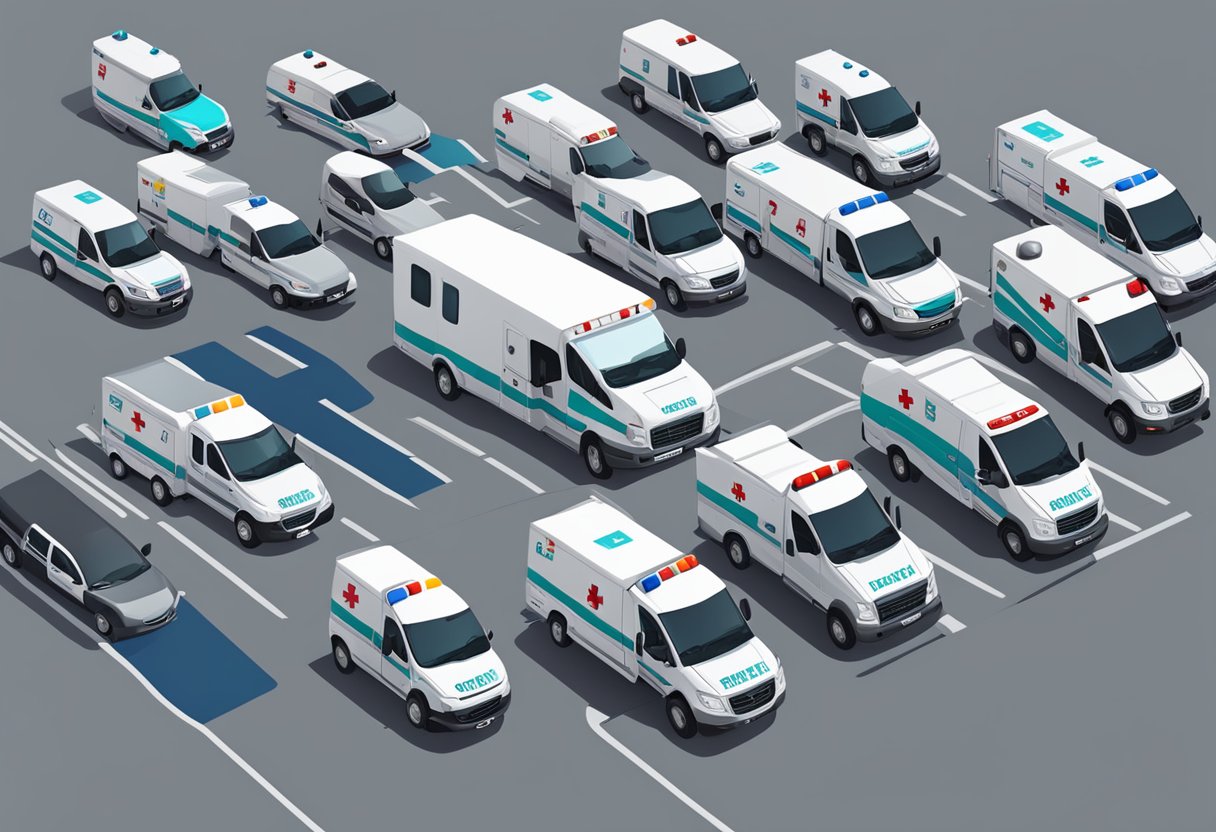 Various ambulances parked with their numbers displayed, offering different medical services