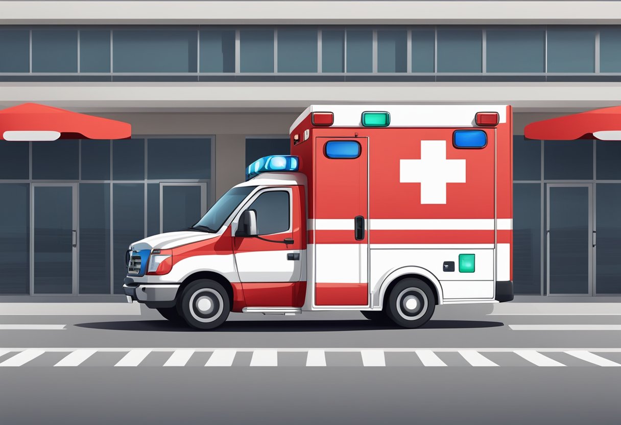 A red and white ambulance parked outside a building, with the emergency number displayed prominently on the side