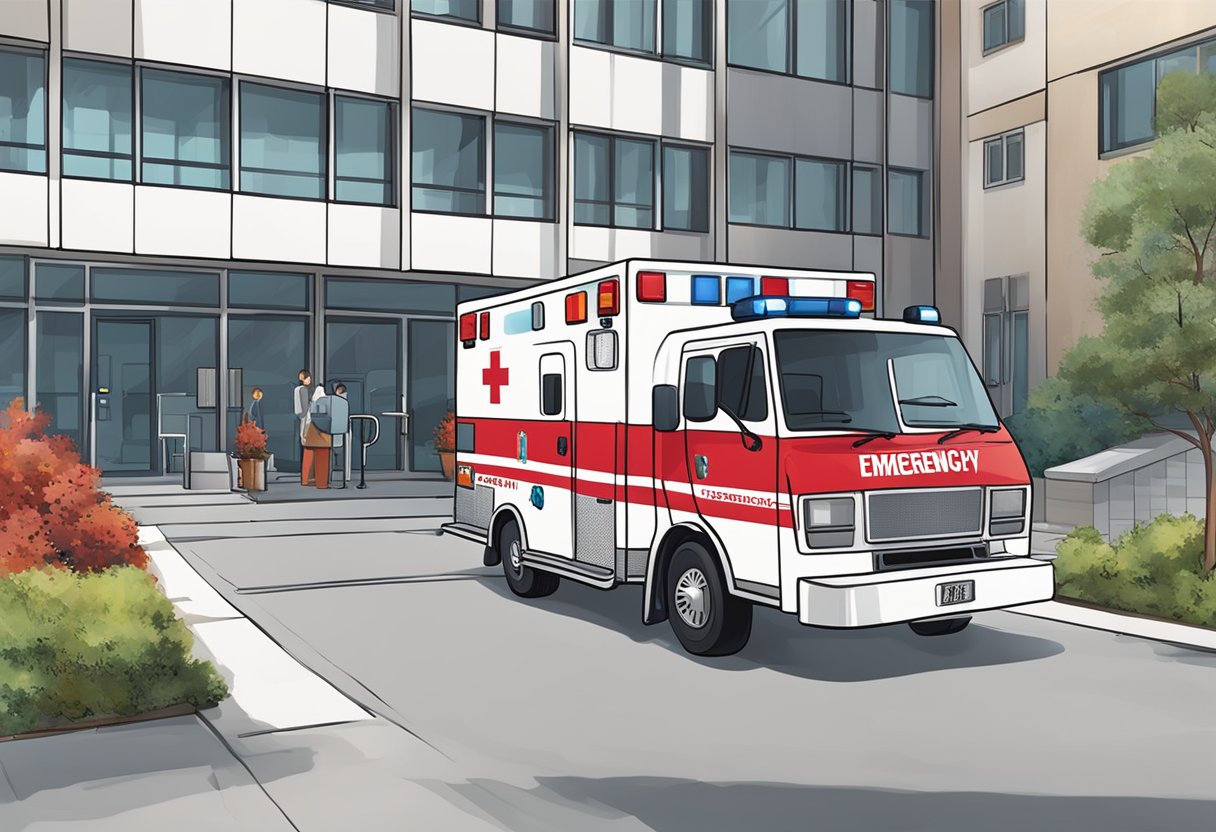 A bright red ambulance with "Emergency Services" written on the side, parked in front of a hospital with a large number "911" displayed prominently on the vehicle