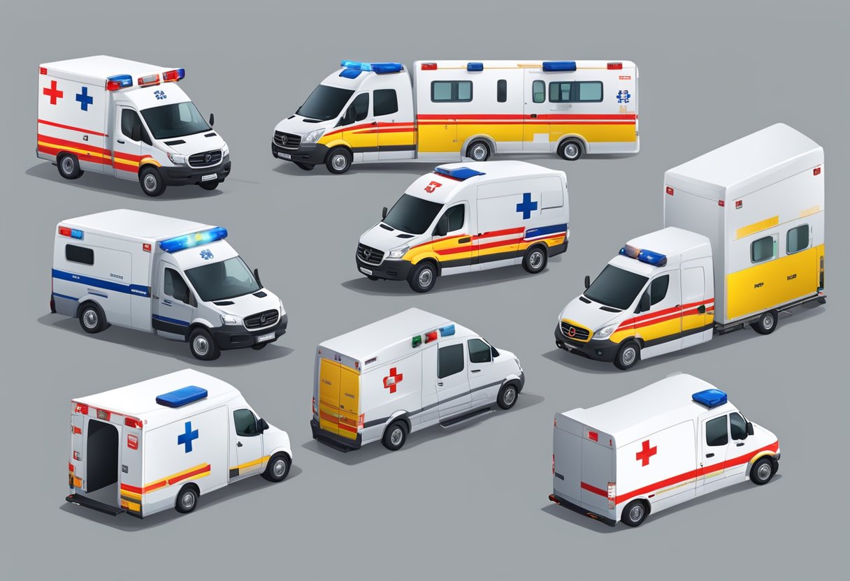 Ambulance fleet and logistical support. Ambulance number visible