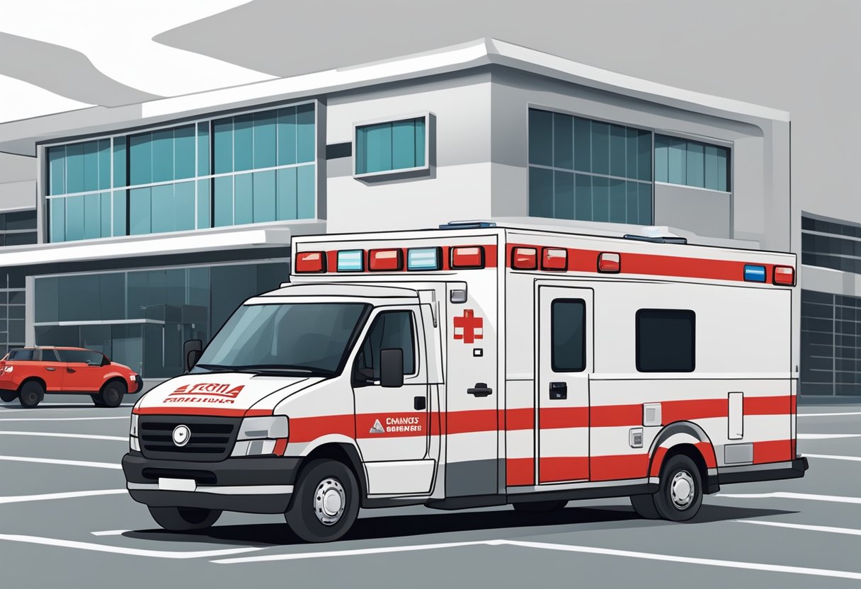 An ambulance with red and white stripes parked in front of a hospital in Curitiba