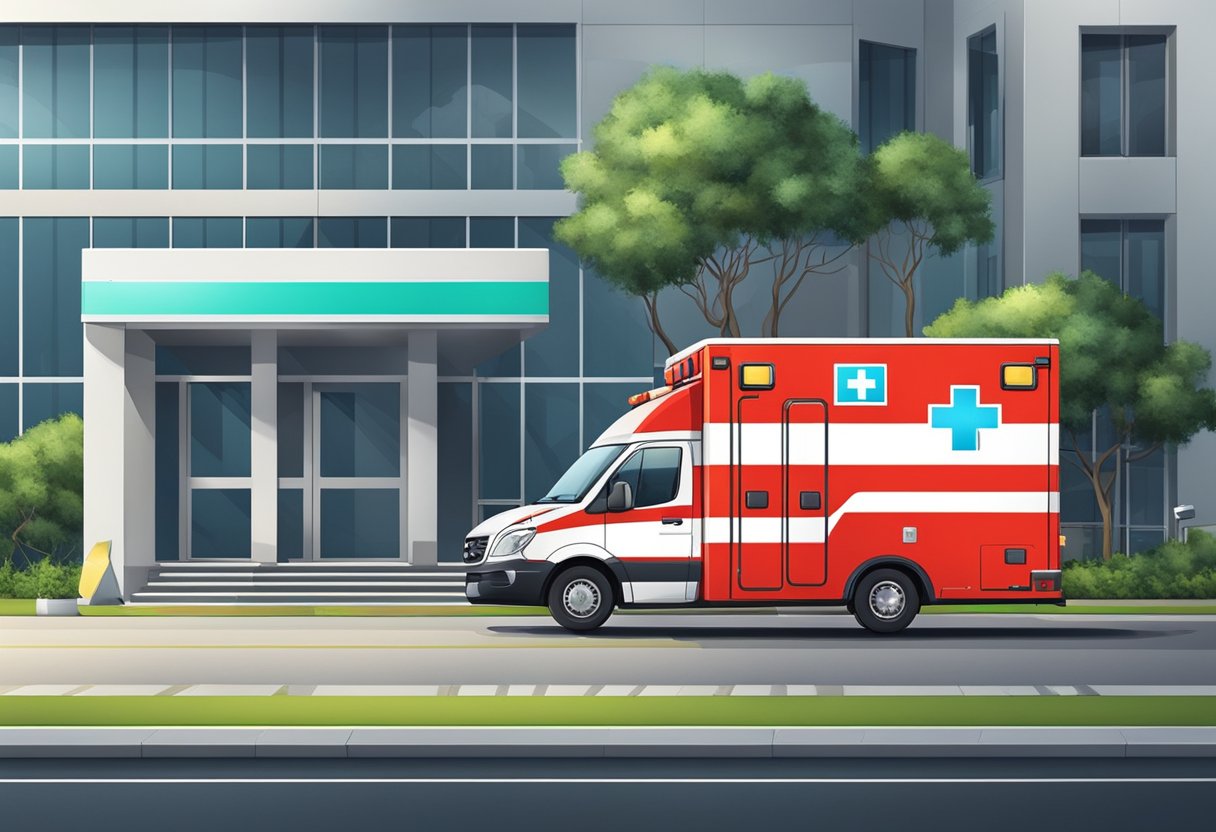 An ambulance with flashing lights and medical equipment parked outside a hospital in Curitiba