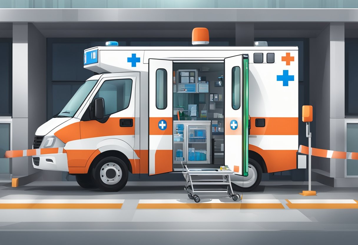 An ambulance parked outside a medical facility in Curitiba, with medical equipment visible through the open doors