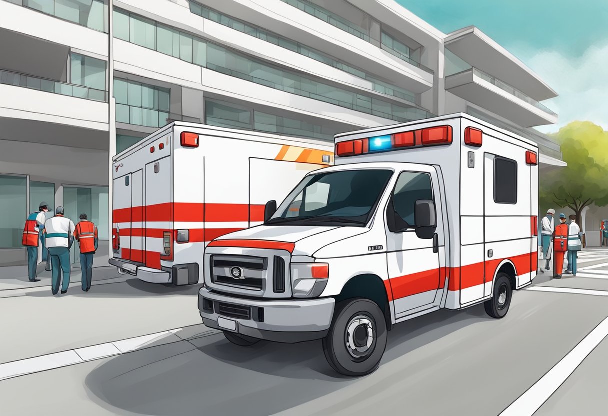 An ambulance with red and white stripes parked outside a hospital in Curitiba, with paramedics carrying a stretcher towards the emergency room