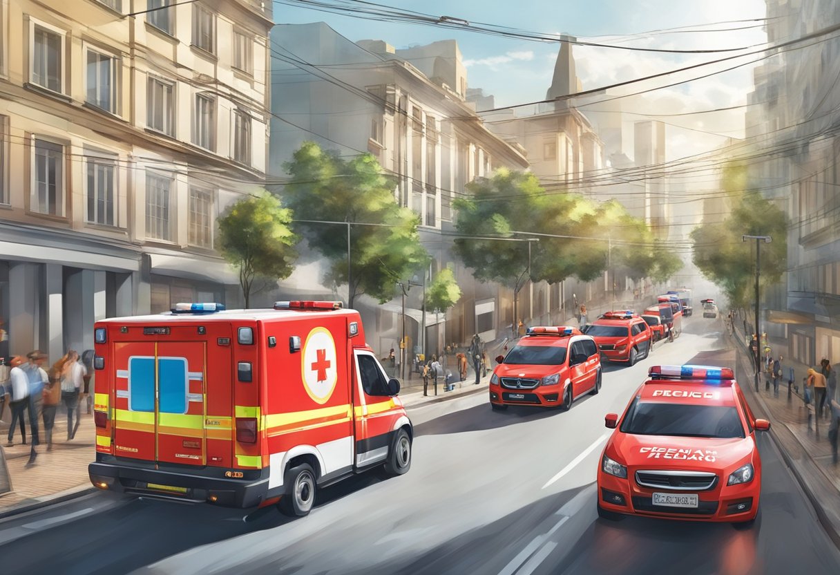 A bright red ambulance speeding through the streets of Curitiba, with its sirens blaring and lights flashing, rushing to provide emergency medical services