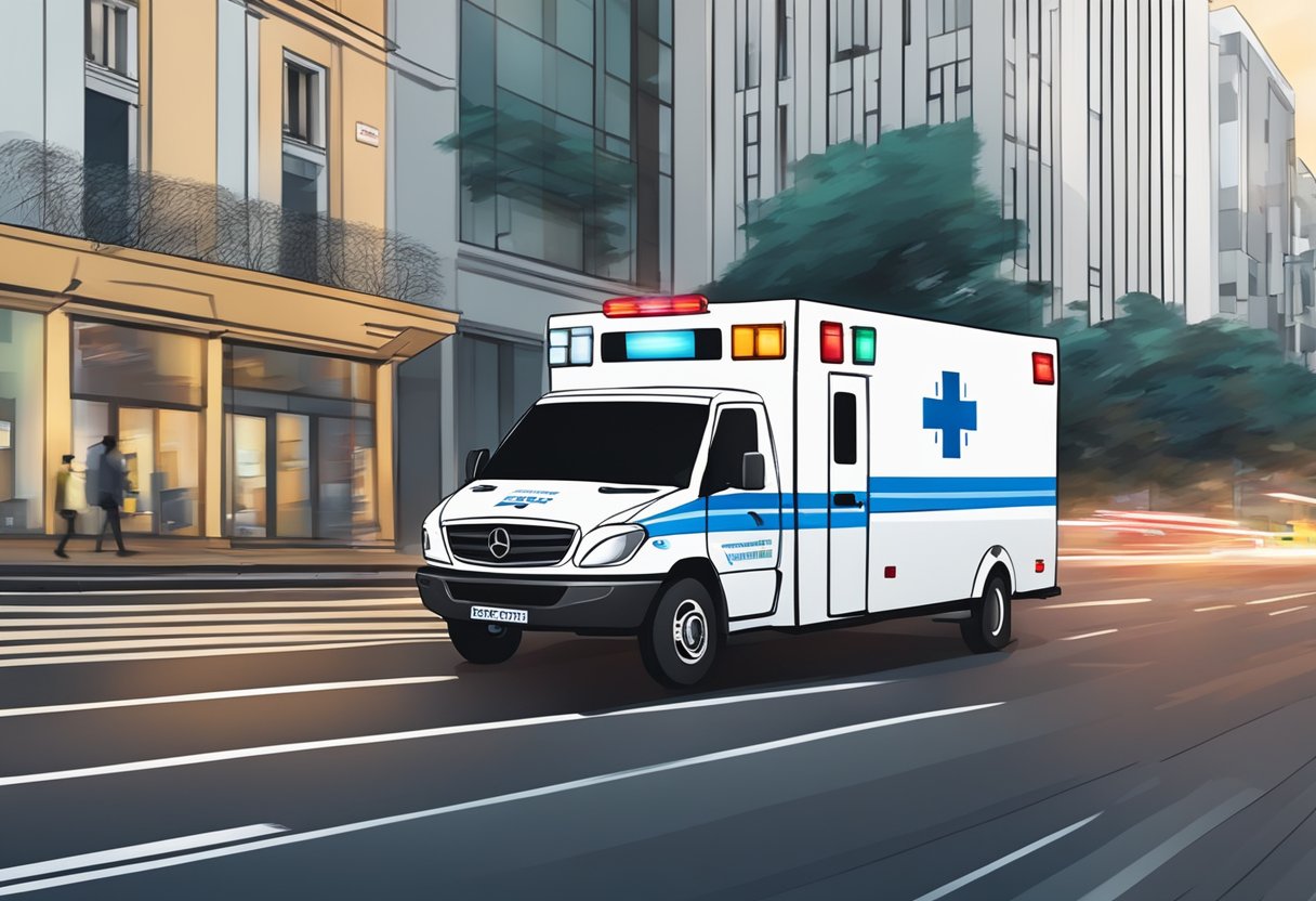 An ambulance speeding through the streets of Curitiba, with flashing lights and a sense of urgency
