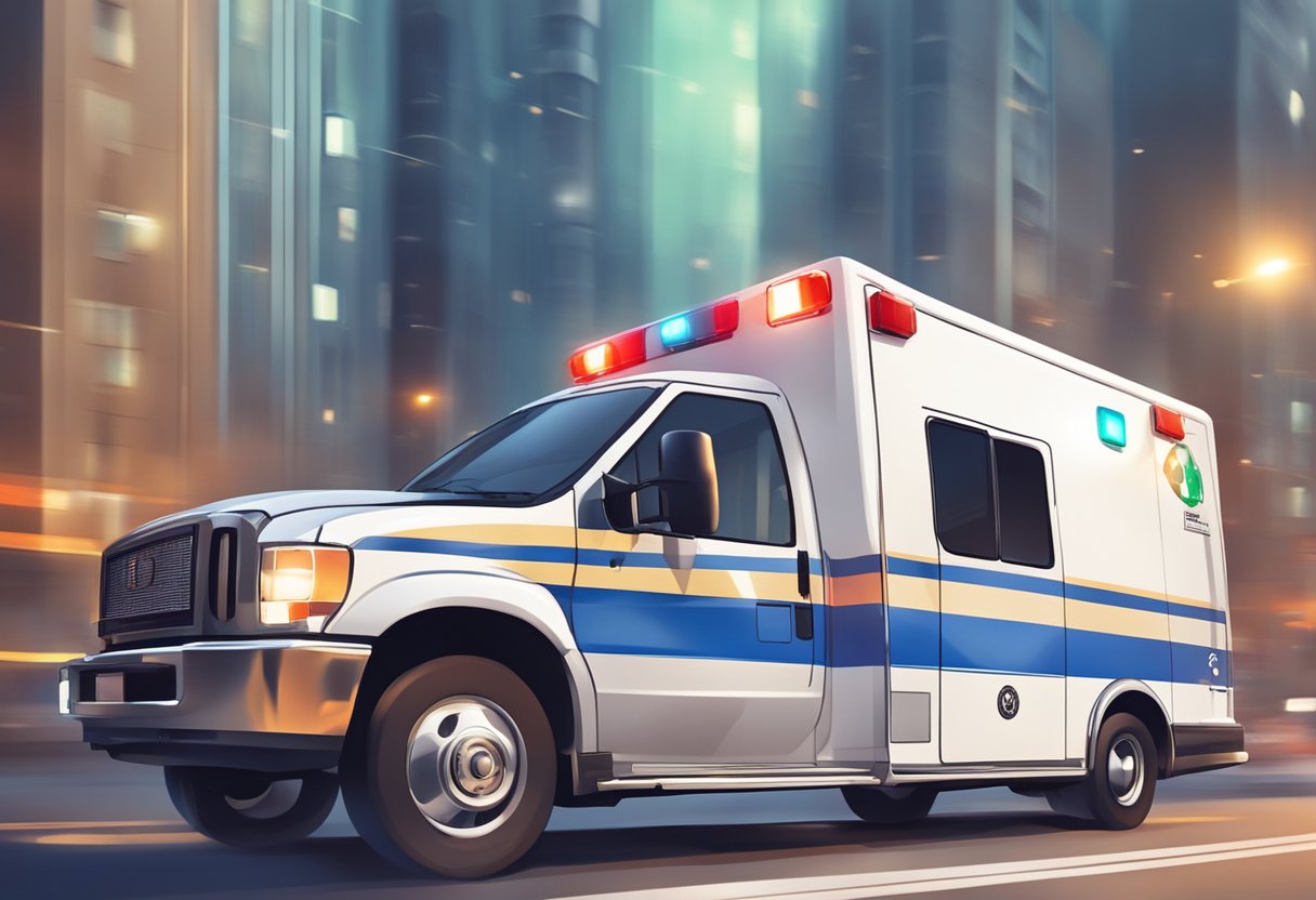 A private ambulance speeding through city streets with flashing lights and blaring sirens, rushing to provide critical medical care