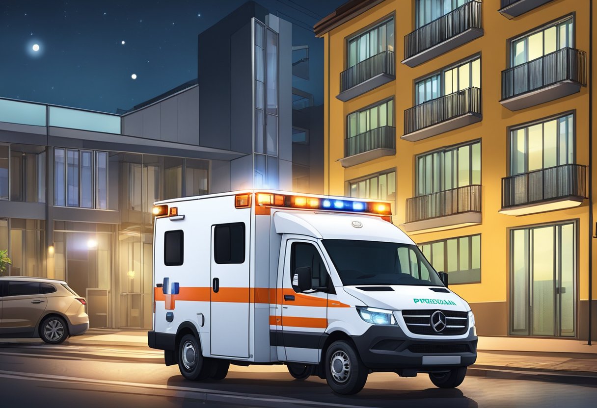 A private ambulance parked outside a building in Curitiba, with its lights flashing and medical equipment visible through the windows