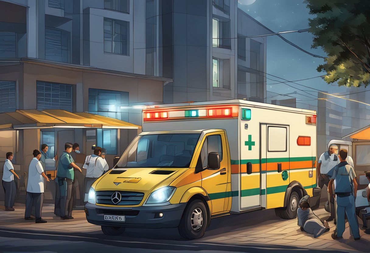 A private ambulance in Curitiba is parked outside a building, with its lights flashing. Paramedics are seen attending to a patient on a stretcher, while others are preparing medical equipment