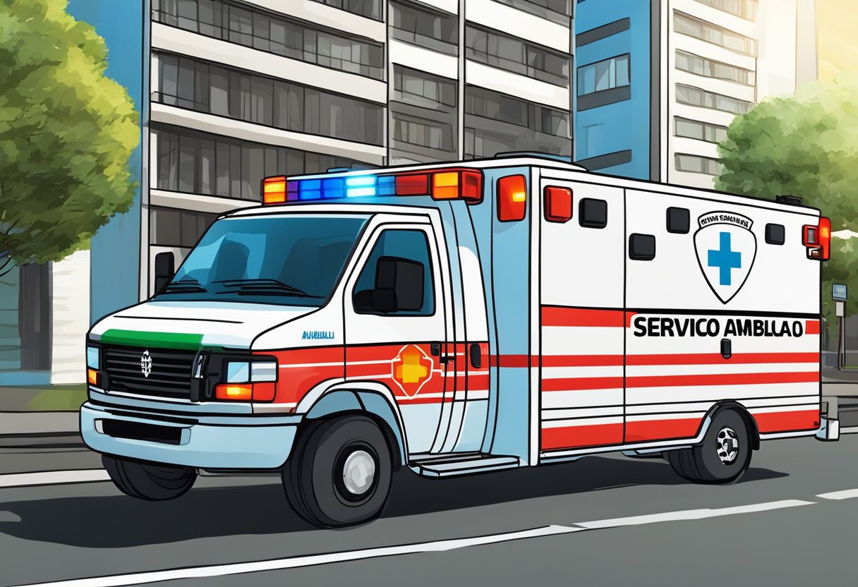 An ambulance with flashing lights and the words "Serviço de Ambulância" on the side, parked outside a building in Curitiba, Brazil