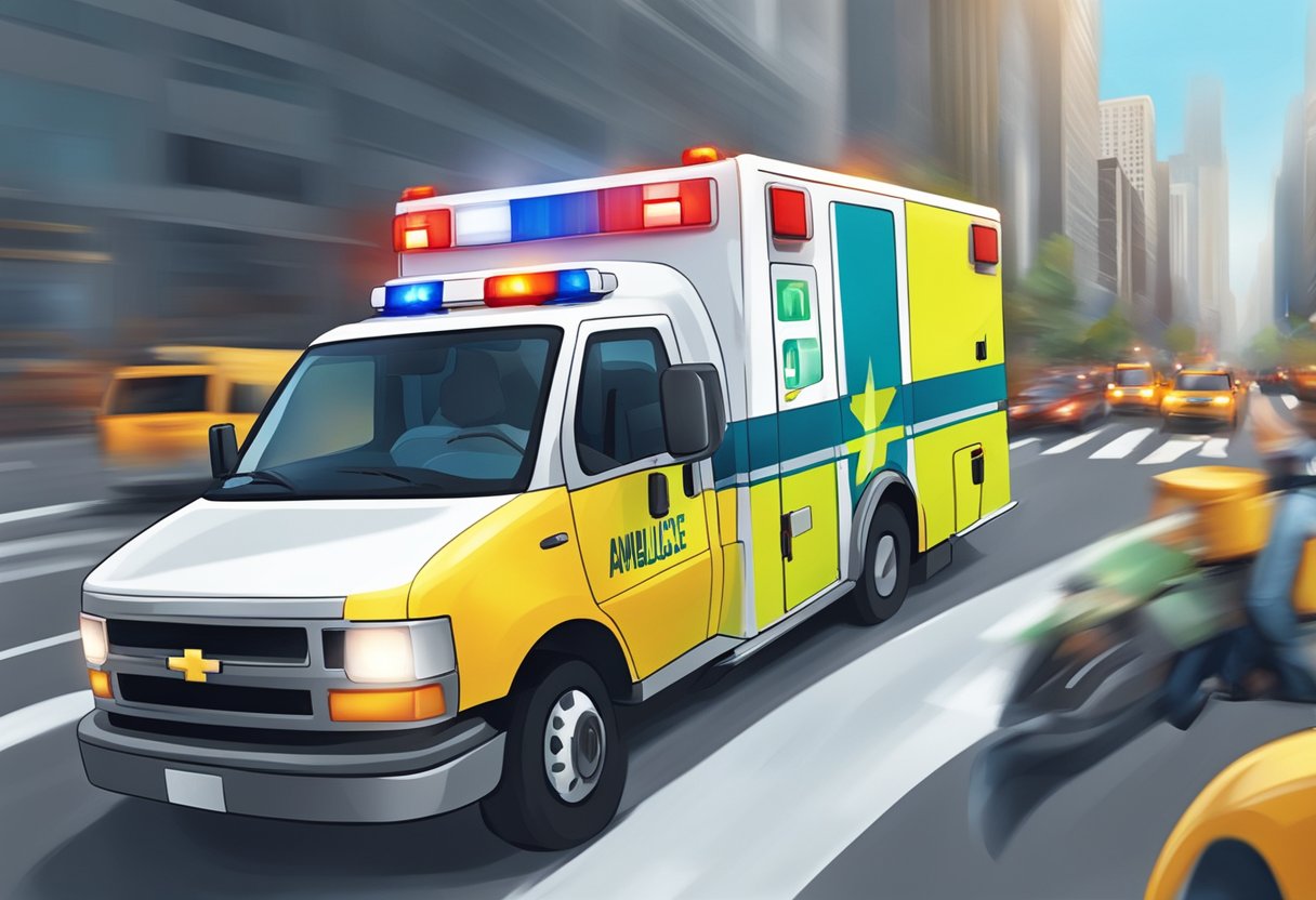 An ambulance speeding through traffic, sirens blaring, with a phone next to the driver's seat