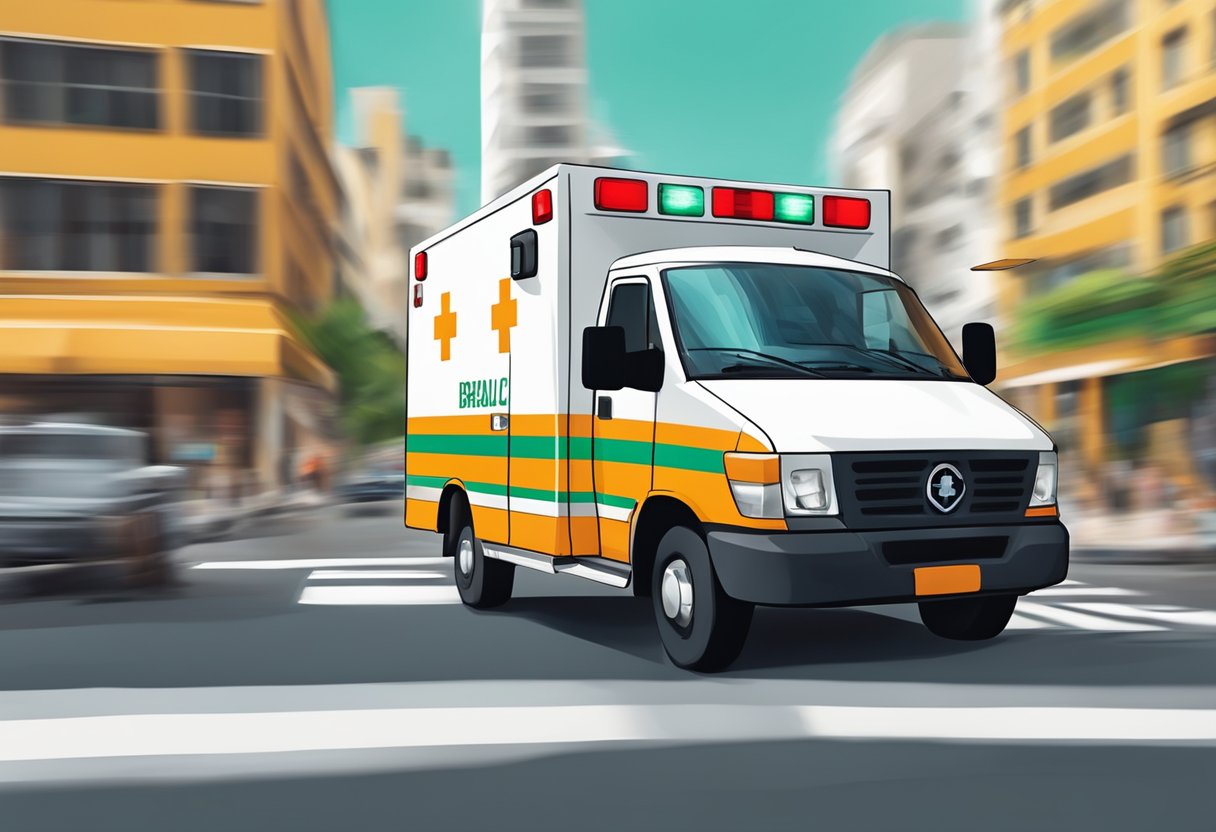 An ambulance speeding through city streets, with a phone nearby for emergency calls in Brazil