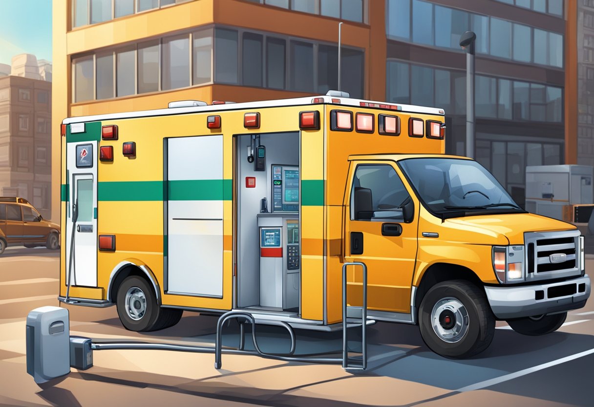 An ambulance parked next to a telephone booth, with various medical equipment and vehicles in the background