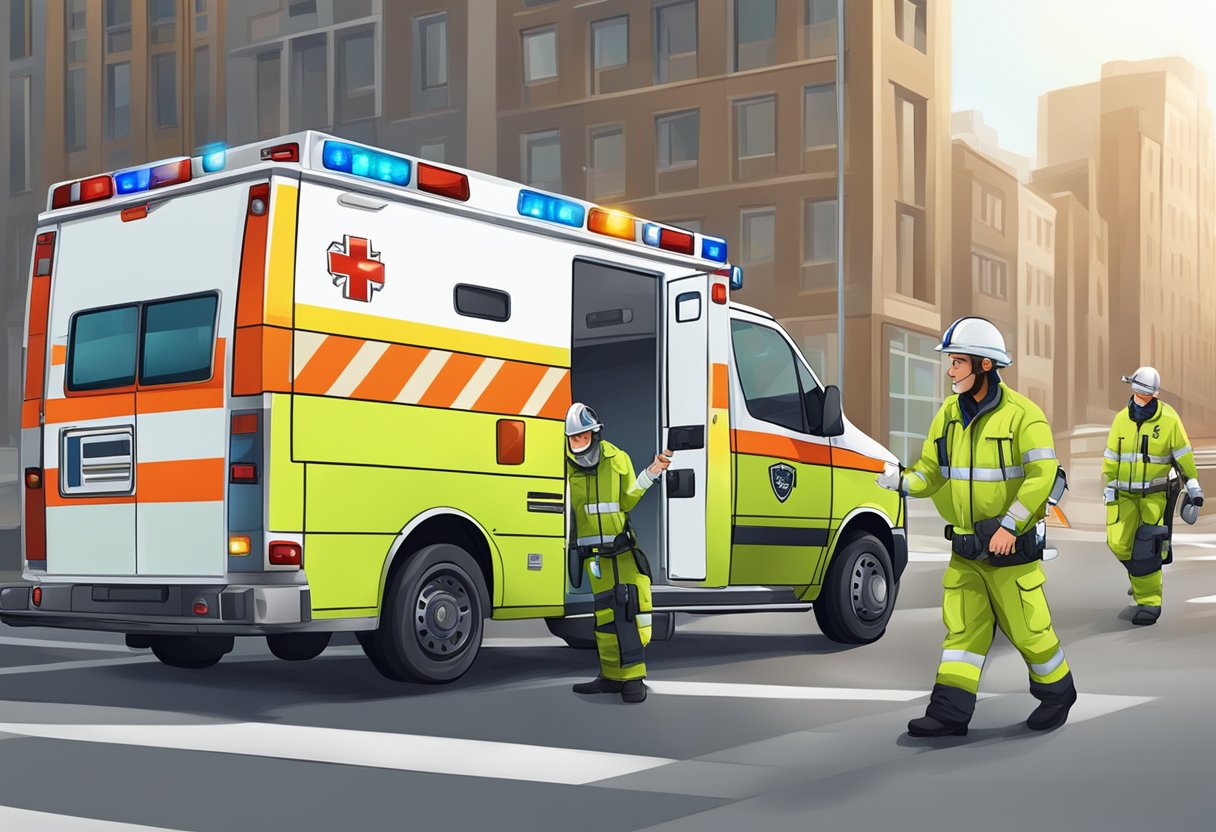 Emergency professionals with ambulance and phone