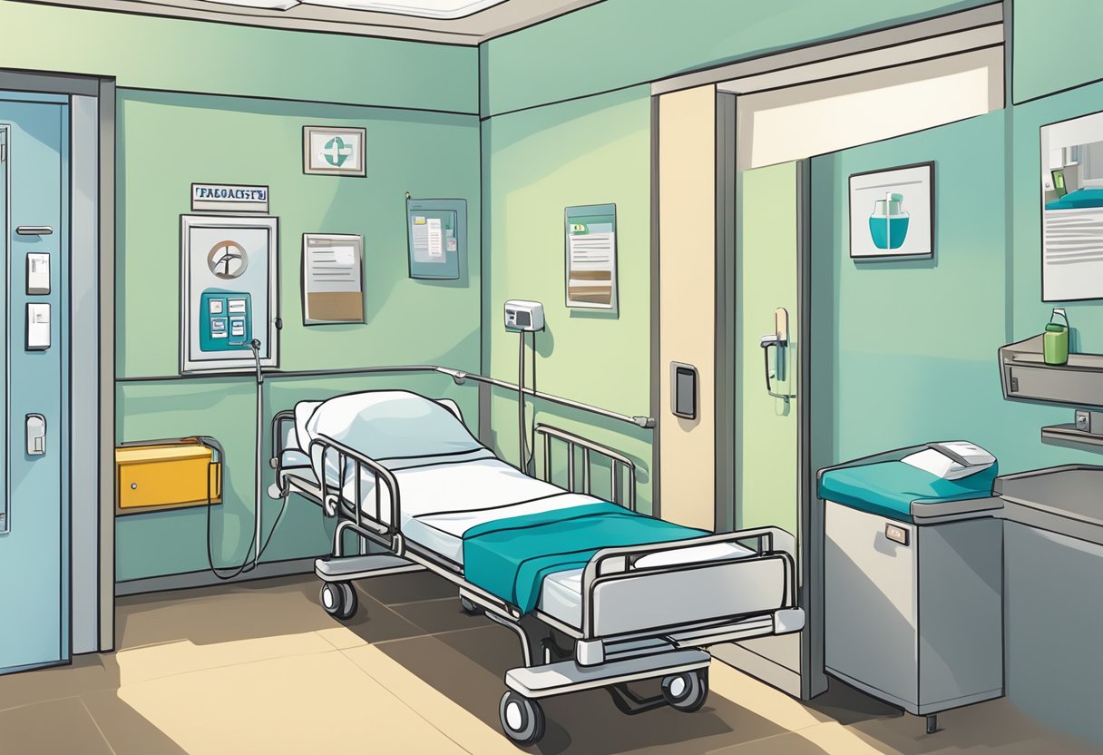 A patient's rights poster on the wall of a hospital room, with an ambulance outside and a telephone on the bedside table