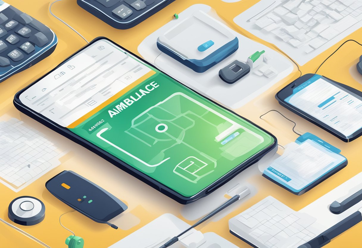 A phone with "ambulance" written on it, surrounded by contact information and useful details