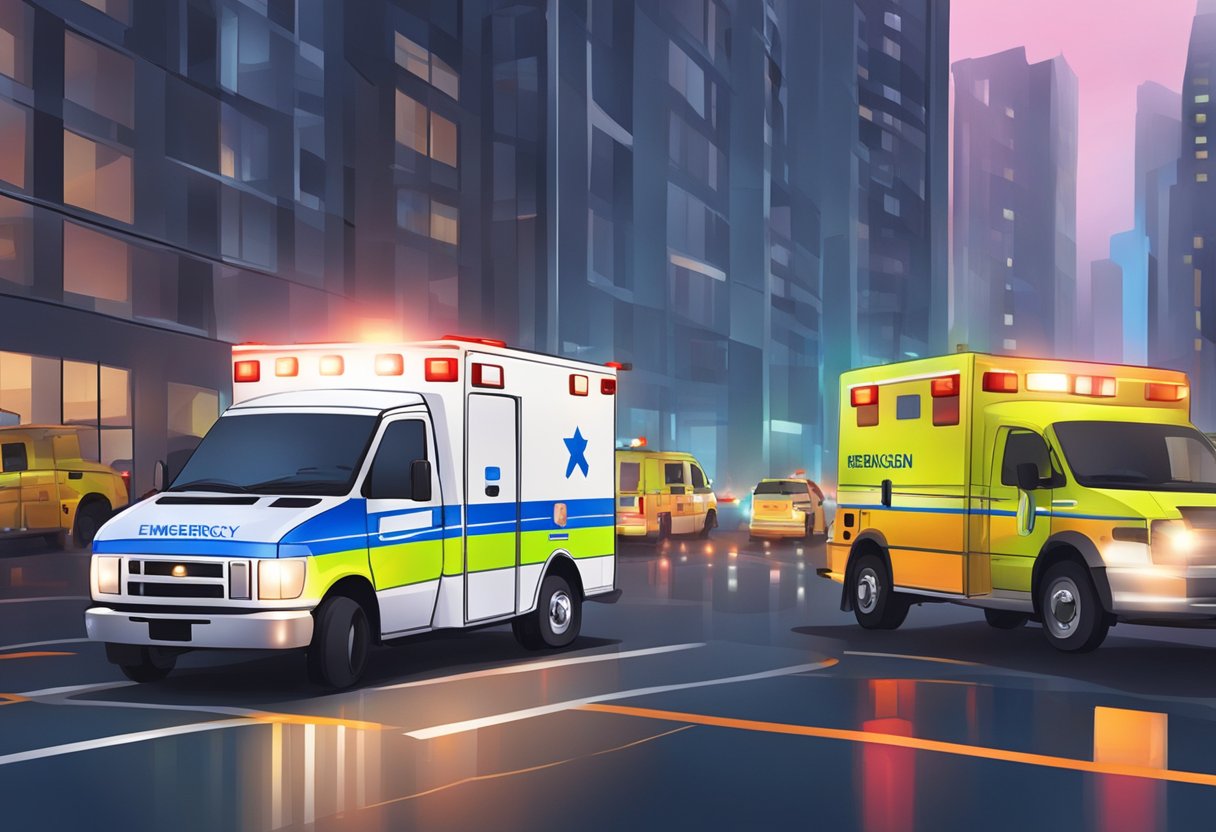 Ambulância Telefone: Encaminhando Emergências com Rapidez 1 An ambulance with flashing lights and a ringing phone at a busy emergency scene