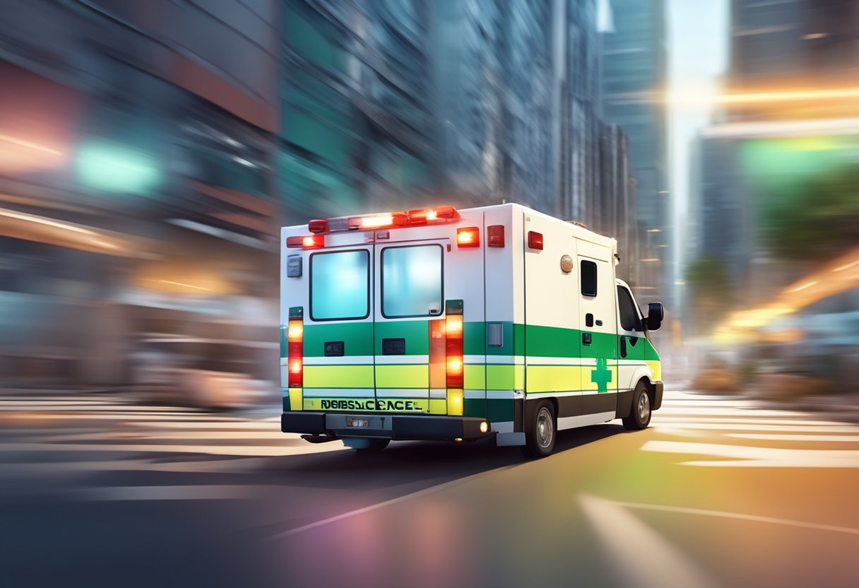Ambulância Telefone: Encaminhando Emergências com Rapidez 2 An ambulance speeding through city streets, lights flashing, as it responds to an emergency call in Brazil