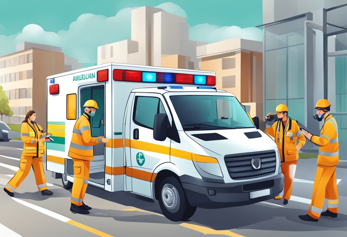 Ambulância Telefone: Encaminhando Emergências com Rapidez 3 A team of health professionals and involved personnel with an ambulance and a telephone