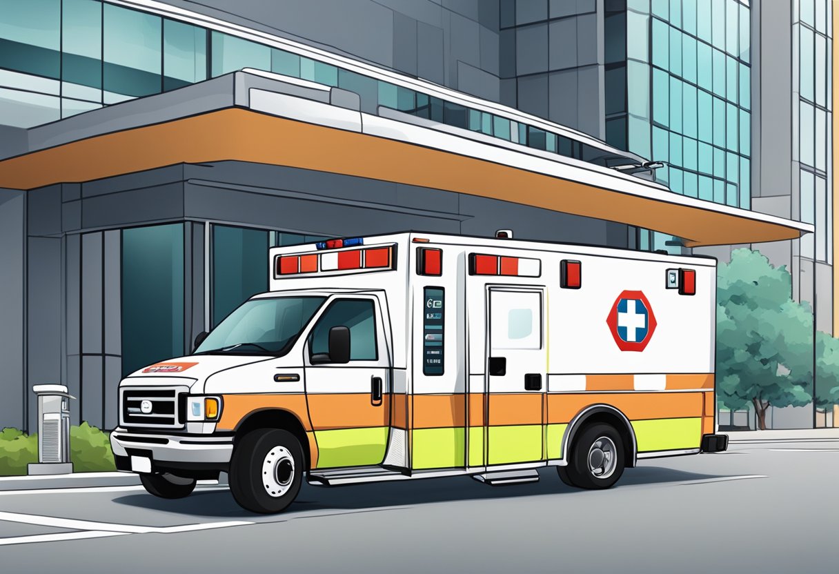 Ambulância Telefone: Encaminhando Emergências com Rapidez 4 An ambulance parked outside a building, with a telephone booth nearby. Safety protocols and operational guidelines are displayed on the ambulance