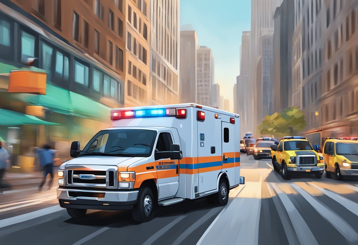 Ambulância Telefone: Encaminhando Emergências com Rapidez 5 An ambulance rushing through traffic, sirens blaring, as someone dials 911 on a phone