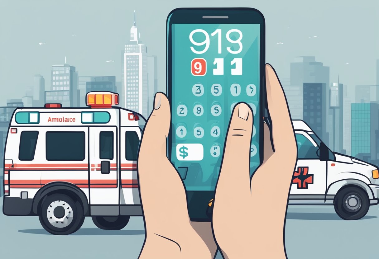 Telefone da Ambulância: Como Contatar Serviços de Emergência Rápido 4 A hand reaching for a phone with the numbers "911" dialed, and an ambulance symbol displayed on the screen, indicating a call to activate the ambulance service