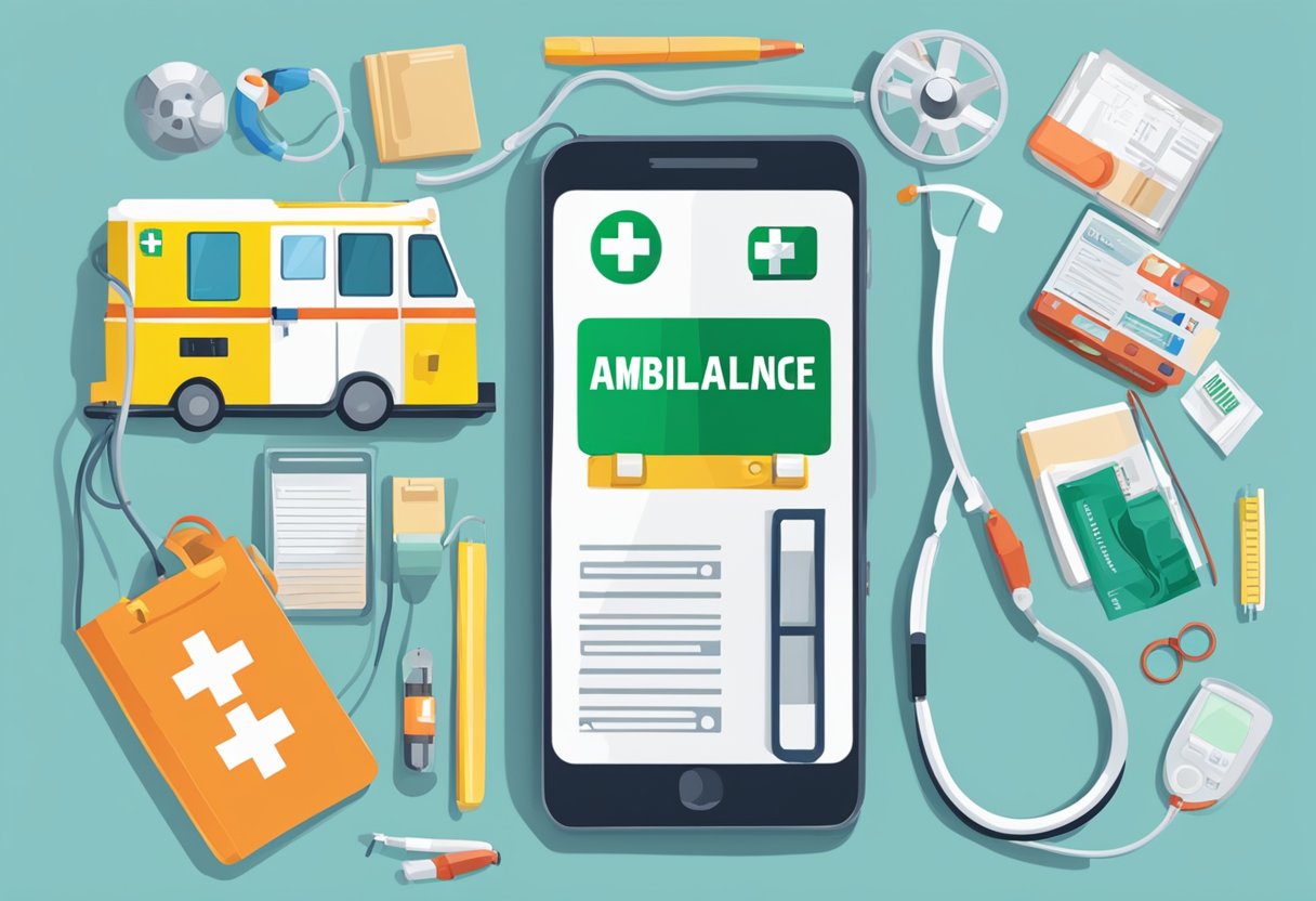 Telefone da Ambulância: Como Contatar Serviços de Emergência Rápido 6 A phone with "ambulance" written on it, surrounded by emergency medical supplies and a pediatric and geriatric medical reference book