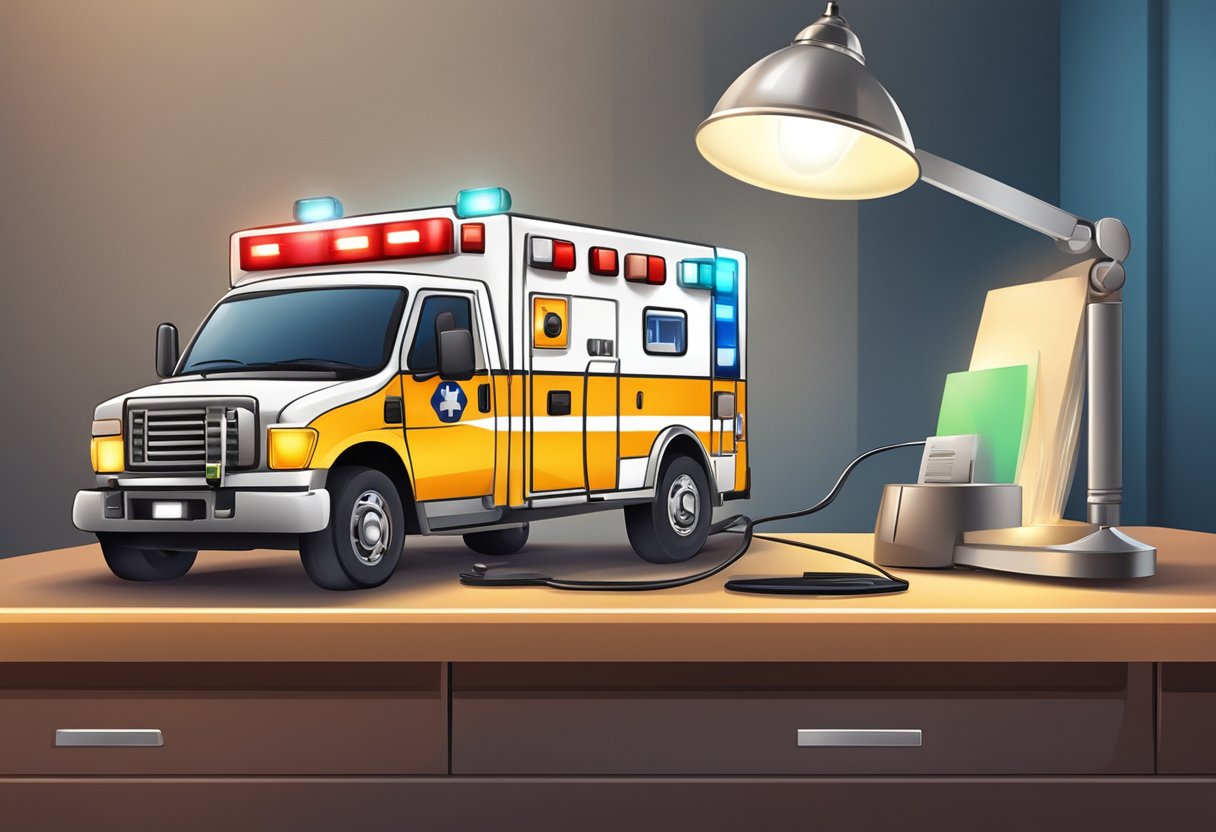 A ringing ambulance phone on a desk with emergency lights flashing