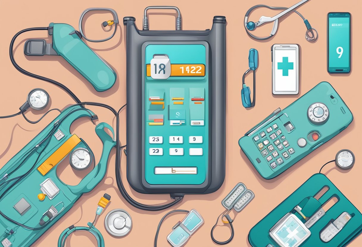 A phone with the numbers 192 visible, surrounded by emergency medical equipment
