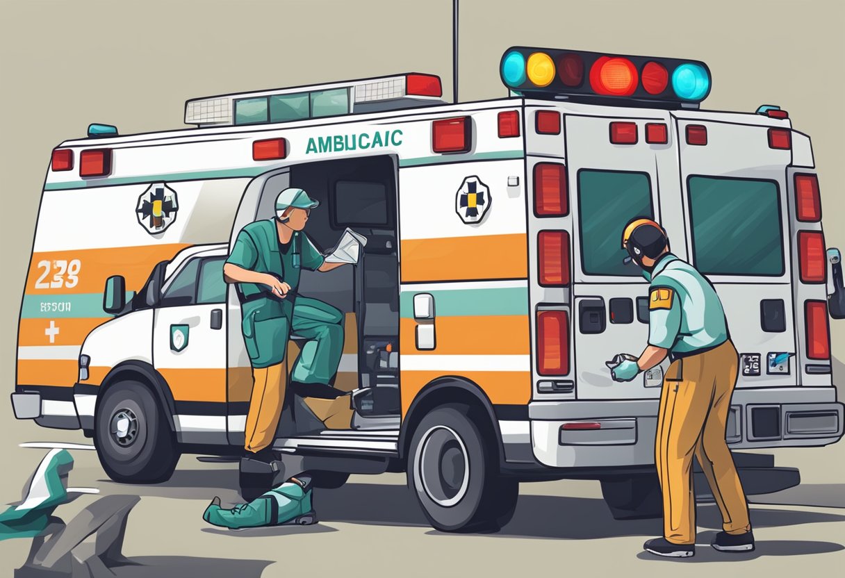 A person dials an ambulance phone number, while a paramedic rushes to a scene with medical equipment and a stretcher