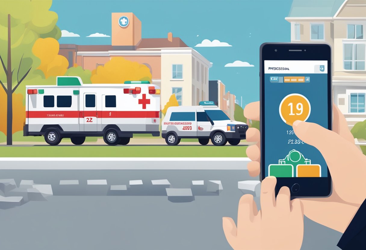 A hand reaching for a phone with the numbers 192 displayed, while an ambulance rushes by in the background