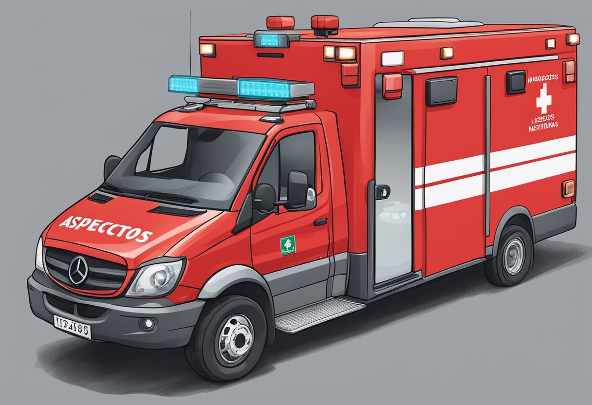 A bright red ambulance with "Aspectos Legais e Institucionais" written on the side, a phone number prominently displayed