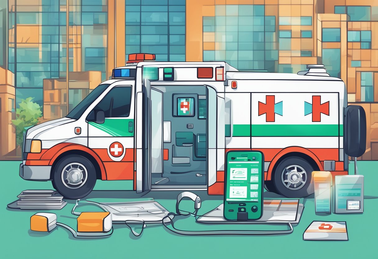 A phone with the ambulance hotline number displayed, surrounded by medical triage and assistance protocols