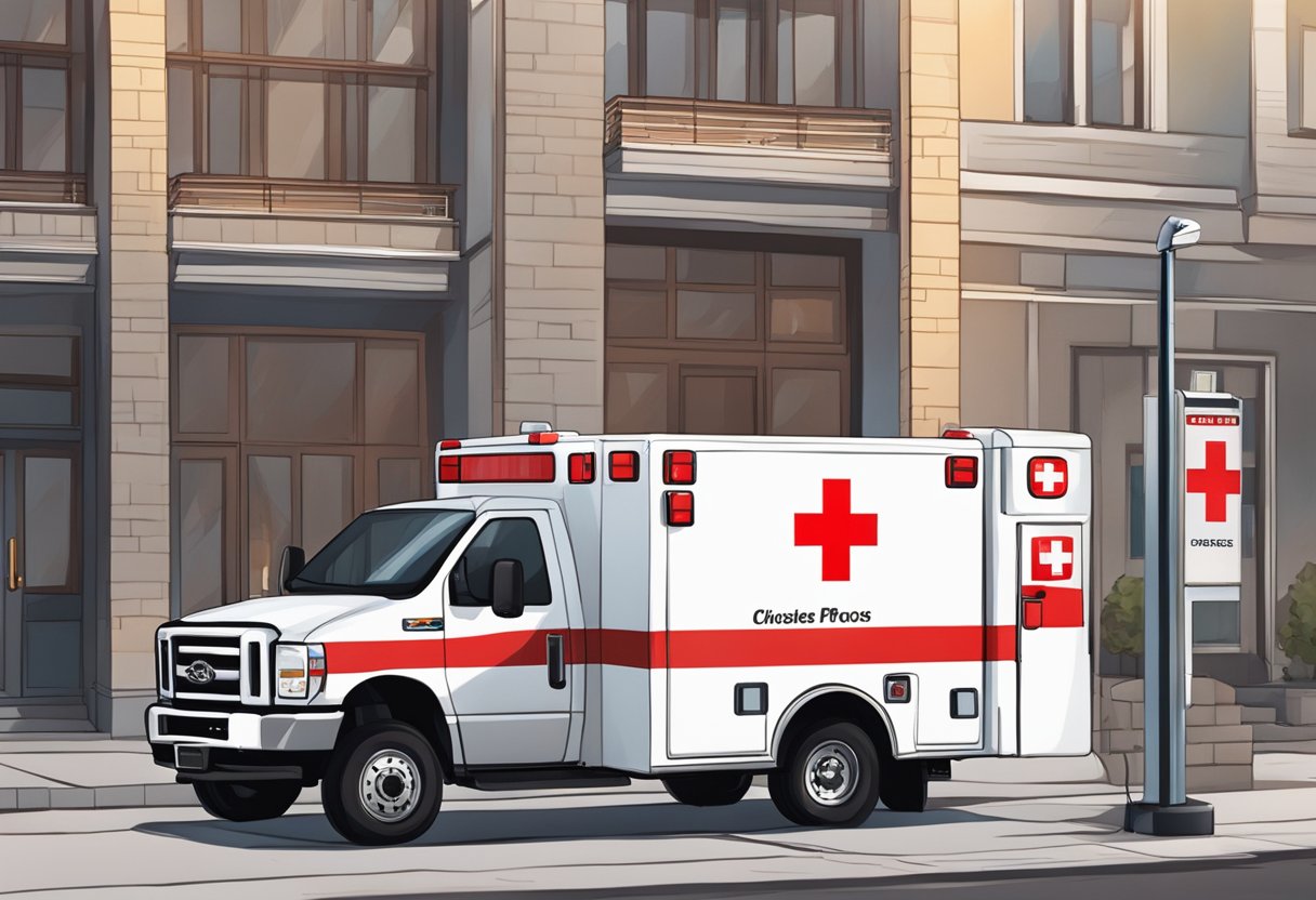 An ambulance parked outside a building with a red cross sign, and a phone booth nearby