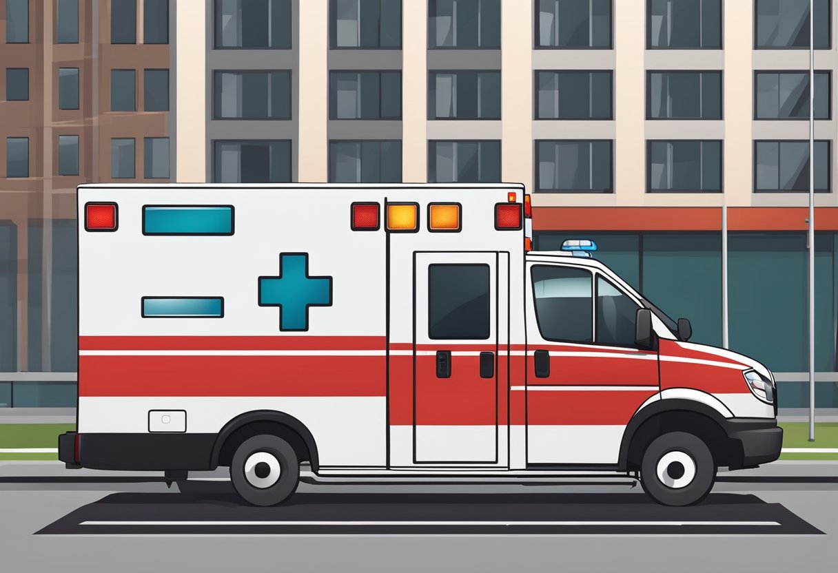 A red and white ambulance with the number displayed on the side, parked outside a hospital with emergency lights flashing